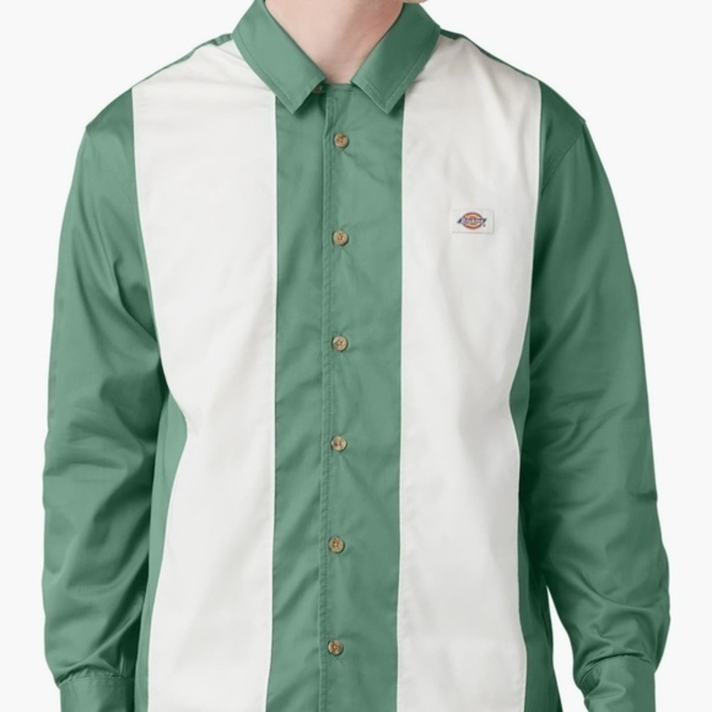 Dickies Dark Ivy Green White Stripe Long Sleeve Button Up Bowling Shirt::NWT::